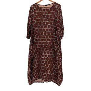 Lisa Bayne‎ Dress Crinkled Midi Women Size Medium Brown Geometric Lagenlook